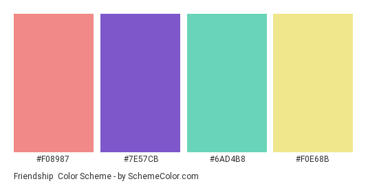 Friendship - Color scheme palette thumbnail - #F08987 #7E57CB #6AD4B8 #F0E68B 