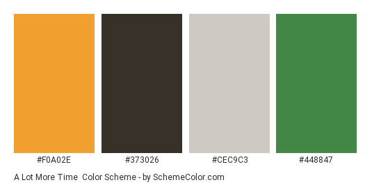A Lot More Time - Color scheme palette thumbnail - #F0A02E #373026 #CEC9C3 #448847 