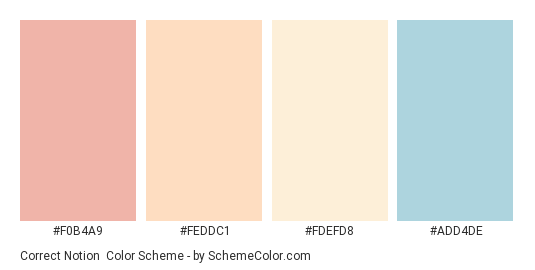 Correct Notion - Color scheme palette thumbnail - #F0B4A9 #FEDDC1 #FDEFD8 #ADD4DE 