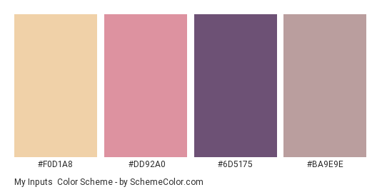 My Inputs - Color scheme palette thumbnail - #F0D1A8 #DD92A0 #6D5175 #BA9E9E 