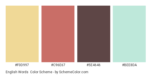 English Words - Color scheme palette thumbnail - #F0D997 #C96E67 #5E4646 #BEE8DA 