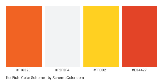 Koi Fish - Color scheme palette thumbnail - #F16323 #F2F3F4 #FFD021 #E34427 