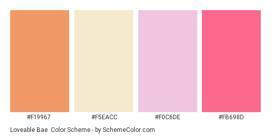 Loveable Bae - Color scheme palette thumbnail - #F19967 #F5EACC #F0C6DE #FB698D 