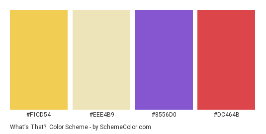 What’s That? - Color scheme palette thumbnail - #F1CD54 #EEE4B9 #8556D0 #DC464B 