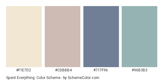 Spent Everything - Color scheme palette thumbnail - #F1E7D2 #CDBBB4 #717F96 #96B3B3 
