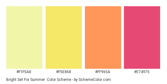 Bright Set for Summer - Color scheme palette thumbnail - #F1F5A8 #F5E868 #FF965A #E74975 