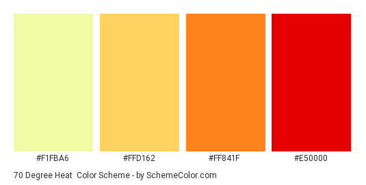 70 Degree Heat - Color scheme palette thumbnail - #F1FBA6 #FFD162 #FF841F #E50000 