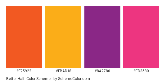 Better Half - Color scheme palette thumbnail - #F25922 #FBAD18 #8A2786 #ED3580 