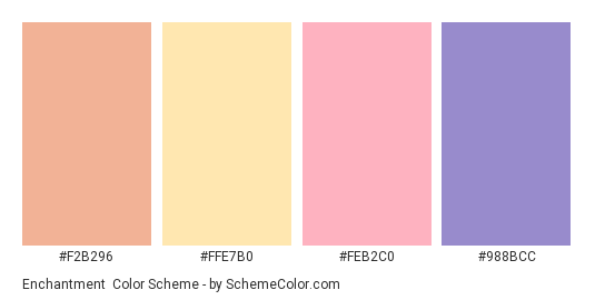 Enchantment - Color scheme palette thumbnail - #F2B296 #FFE7B0 #FEB2C0 #988BCC 