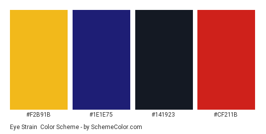 Eye Strain - Color scheme palette thumbnail - #F2B91B #1E1E75 #141923 #CF211B 