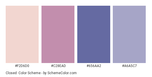Closed - Color scheme palette thumbnail - #F2D6D0 #C28EAD #656AA2 #A6A5C7 