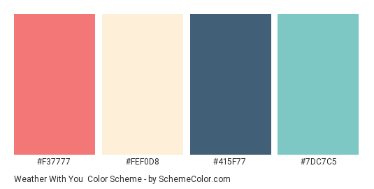 Weather With You - Color scheme palette thumbnail - #F37777 #FEF0D8 #415F77 #7DC7C5 