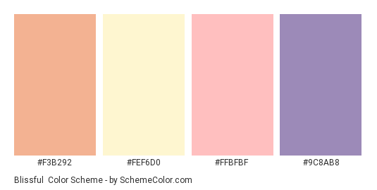 Blissful - Color scheme palette thumbnail - #F3B292 #FEF6D0 #FFBFBF #9C8AB8 
