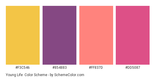 Young Life - Color scheme palette thumbnail - #F3C546 #854883 #FF837D #DD5087 