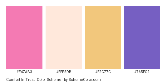 Comfort in Trust - Color scheme palette thumbnail - #F47AB3 #FFE8DB #F2C77C #765FC2 