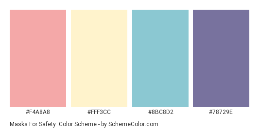 Masks for Safety - Color scheme palette thumbnail - #F4A8A8 #FFF3CC #8BC8D2 #78729E 