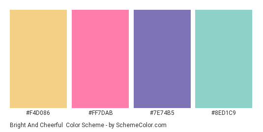 Bright and Cheerful - Color scheme palette thumbnail - #F4D086 #FF7DAB #7E74B5 #8ED1C9 