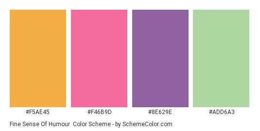 Fine Sense of Humour - Color scheme palette thumbnail - #F5AE45 #F46B9D #8E629E #ADD6A3 