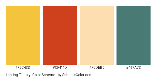 Lasting Theory - Color scheme palette thumbnail - #F5C43D #CF411D #FCDEB0 #497A73 