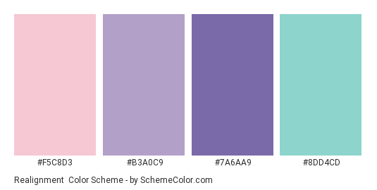 Realignment - Color scheme palette thumbnail - #F5C8D3 #B3A0C9 #7A6AA9 #8DD4CD 