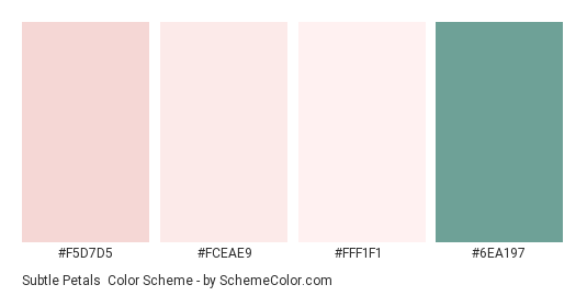 Subtle Petals - Color scheme palette thumbnail - #F5D7D5 #FCEAE9 #FFF1F1 #6EA197 