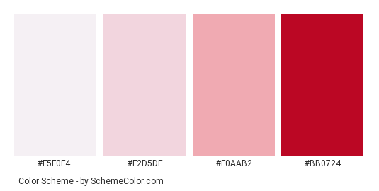 Pink Orchid - Color scheme palette thumbnail - #F5F0F4 #F2D5DE #F0AAB2 #BB0724 