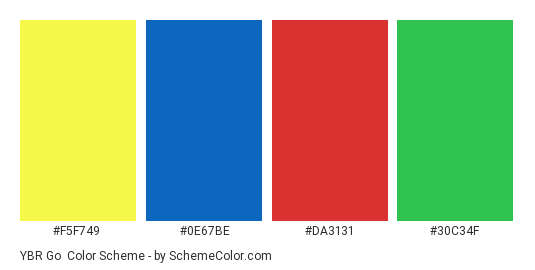YBR Go - Color scheme palette thumbnail - #F5F749 #0E67BE #DA3131 #30C34F 
