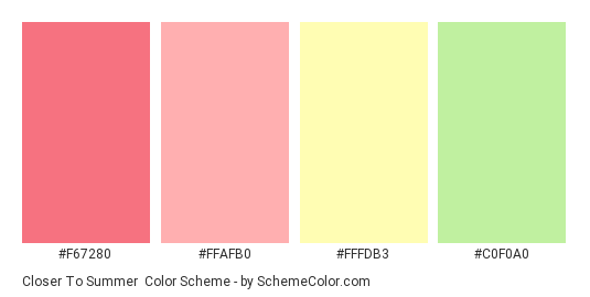 Closer to Summer - Color scheme palette thumbnail - #F67280 #FFAFB0 #FFFDB3 #C0F0A0 
