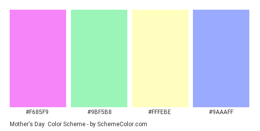 Mother’s Day - Color scheme palette thumbnail - #F685F9 #9BF5B8 #FFFEBE #9AAAFF 