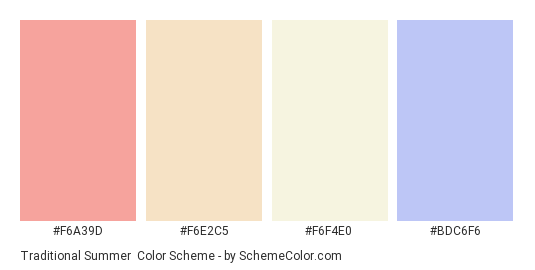 Traditional Summer - Color scheme palette thumbnail - #F6A39D #F6E2C5 #F6F4E0 #BDC6F6 