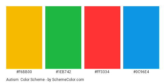 Autism - Color scheme palette thumbnail - #F6BB00 #1EB742 #FF3334 #0C96E4 