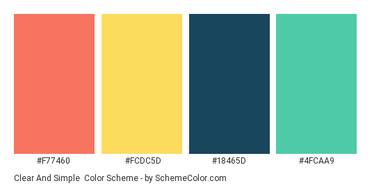 Clear and Simple - Color scheme palette thumbnail - #F77460 #FCDC5D #18465D #4FCAA9 