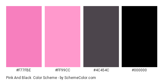 Pink and Black - Color scheme palette thumbnail - #F77FBE #FF99CC #4C454C #000000 