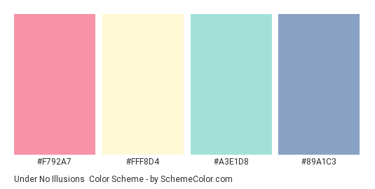 Under No Illusions - Color scheme palette thumbnail - #F792A7 #FFF8D4 #A3E1D8 #89A1C3 