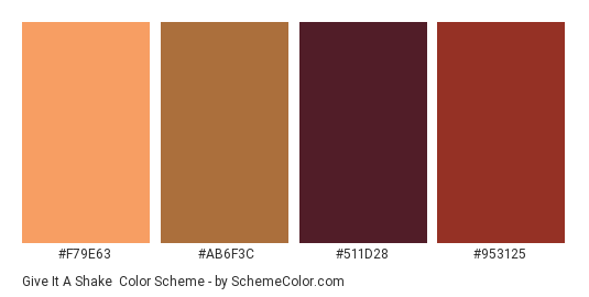 Give it a Shake - Color scheme palette thumbnail - #F79E63 #AB6F3C #511D28 #953125 