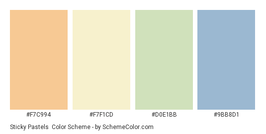 Sticky Pastels - Color scheme palette thumbnail - #F7C994 #F7F1CD #D0E1BB #9BB8D1 