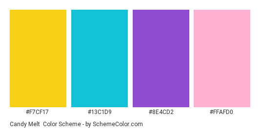 Candy Melt - Color scheme palette thumbnail - #F7CF17 #13C1D9 #8E4CD2 #FFAFD0 