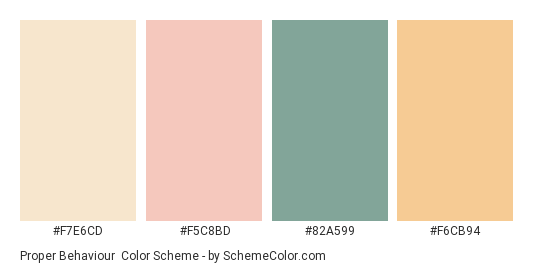 Proper Behaviour - Color scheme palette thumbnail - #F7E6CD #F5C8BD #82A599 #F6CB94 