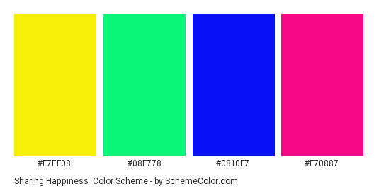 Sharing Happiness - Color scheme palette thumbnail - #F7EF08 #08F778 #0810F7 #F70887 