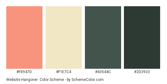 Website Hangover - Color scheme palette thumbnail - #F8947D #F1E7C4 #43544C #2D3933 