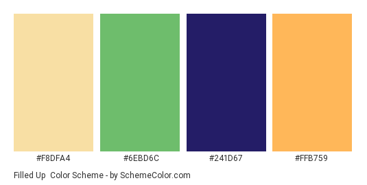 Filled Up - Color scheme palette thumbnail - #F8DFA4 #6EBD6C #241D67 #FFB759 