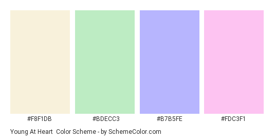 Young at Heart - Color scheme palette thumbnail - #F8F1DB #BDECC3 #B7B5FE #FDC3F1 