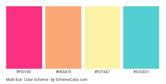 Multi Box - Color scheme palette thumbnail - #F93180 #FBA876 #FCF3A7 #53CED1 