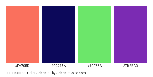 Fun Ensured - Color scheme palette thumbnail - #FA705D #0C085A #6CE66A #7B2BB3 