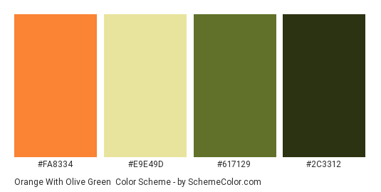 Orange with Olive Green - Color scheme palette thumbnail - #FA8334 #E9E49D #617129 #2C3312 