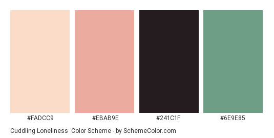 Cuddling Loneliness - Color scheme palette thumbnail - #FADCC9 #EBAB9E #241C1F #6E9E85 