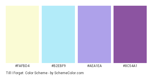 Till I Forget - Color scheme palette thumbnail - #FAFBD4 #B2EBF9 #AEA1EA #8C54A1 