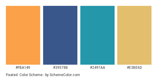 Fixated - Color scheme palette thumbnail - #FBA149 #39578B #2497AA #E3BE6D 