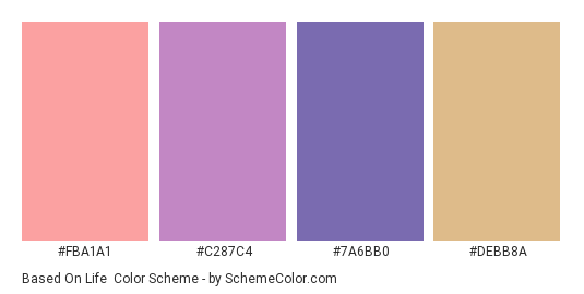 Based on Life - Color scheme palette thumbnail - #FBA1A1 #C287C4 #7A6BB0 #DEBB8A 