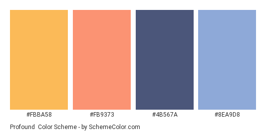 Profound - Color scheme palette thumbnail - #FBBA58 #FB9373 #4B567A #8EA9D8 